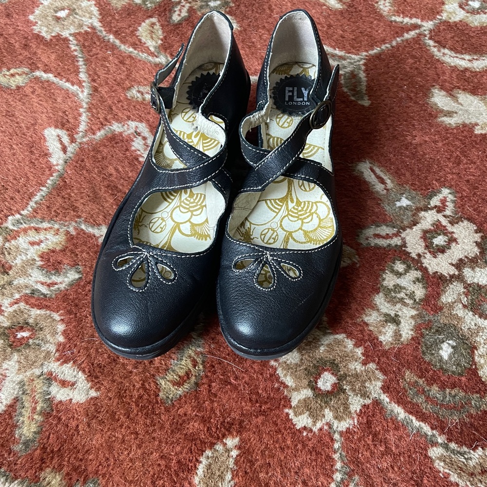 Fly London Black Leather Mary Jane Wedges 8